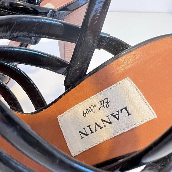 Lanvin Black Patent Leather Strappy Cone Heel Sandals - Picture 7 of 7